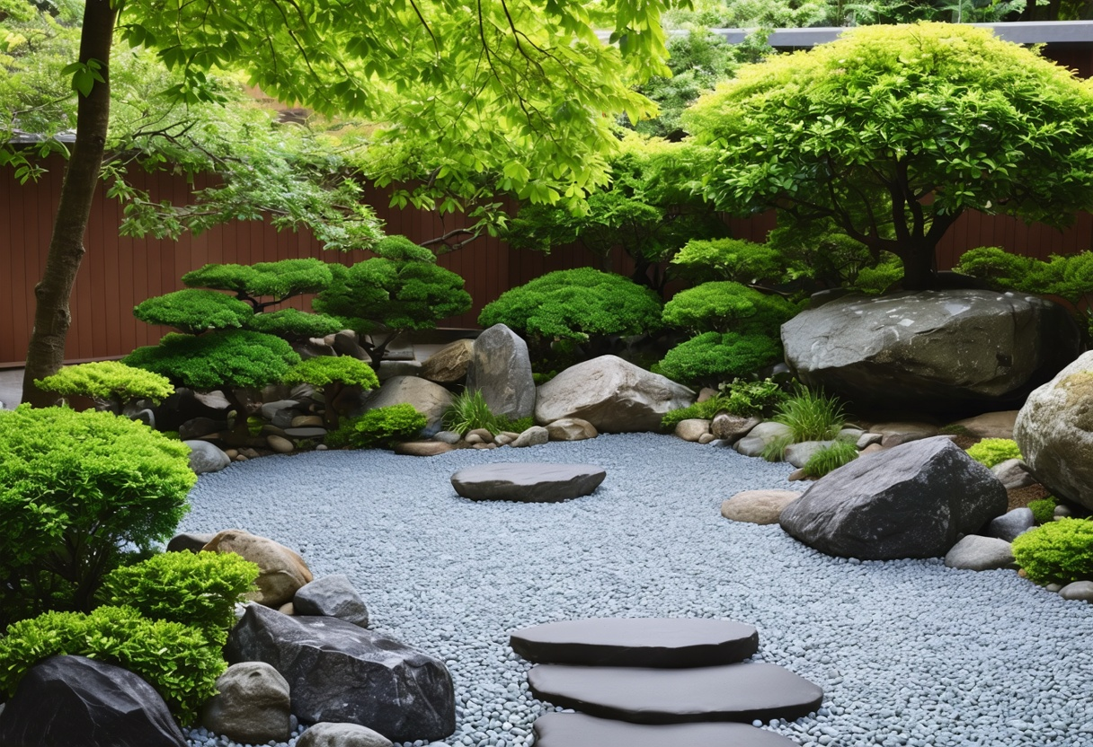 Zen Rock Garden Ideas To Bring Balance And Harmony Home Minimalist zen rock garden ideas bring calm to Tropical Modern courtyards, using stones, gravel, and sculpted trees to create a peaceful private sanctuary.