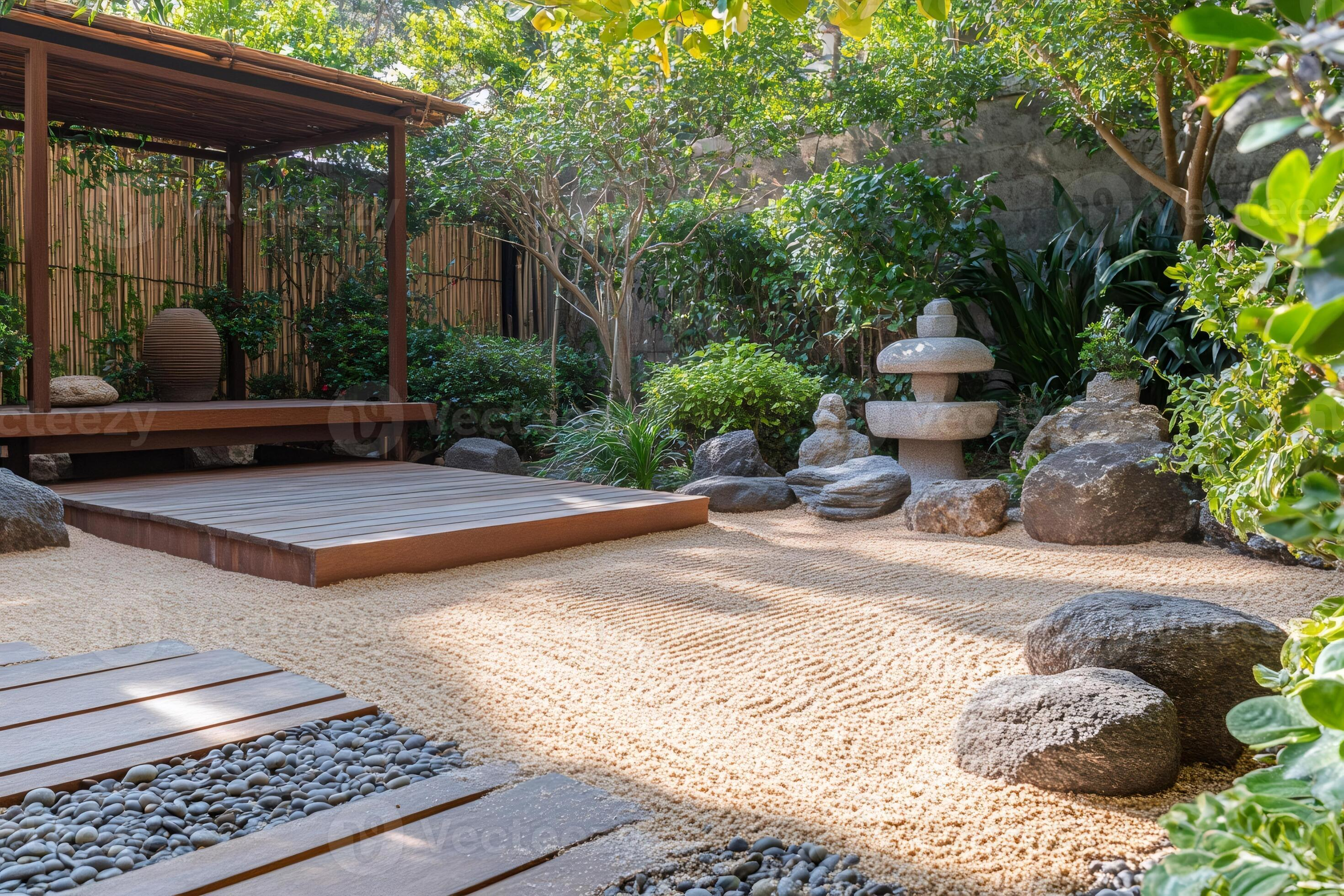 Zen Rock Garden Ideas To Bring Balance And Harmony Home A serene zen rock garden featuring raked gravel, large stones, moss accents, timber decking, and bamboo screens, blending natural textures into a peaceful outdoor retreat.