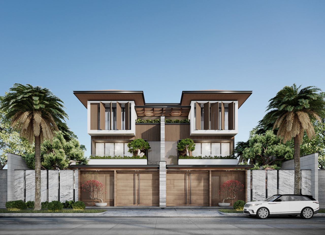 Thiết kế biệt thự song lập hiện đại với lam gỗ, mảng xanh và hình khối đối xứng, mang phong cách Tropical Modern sang trọng và thoáng đãng.