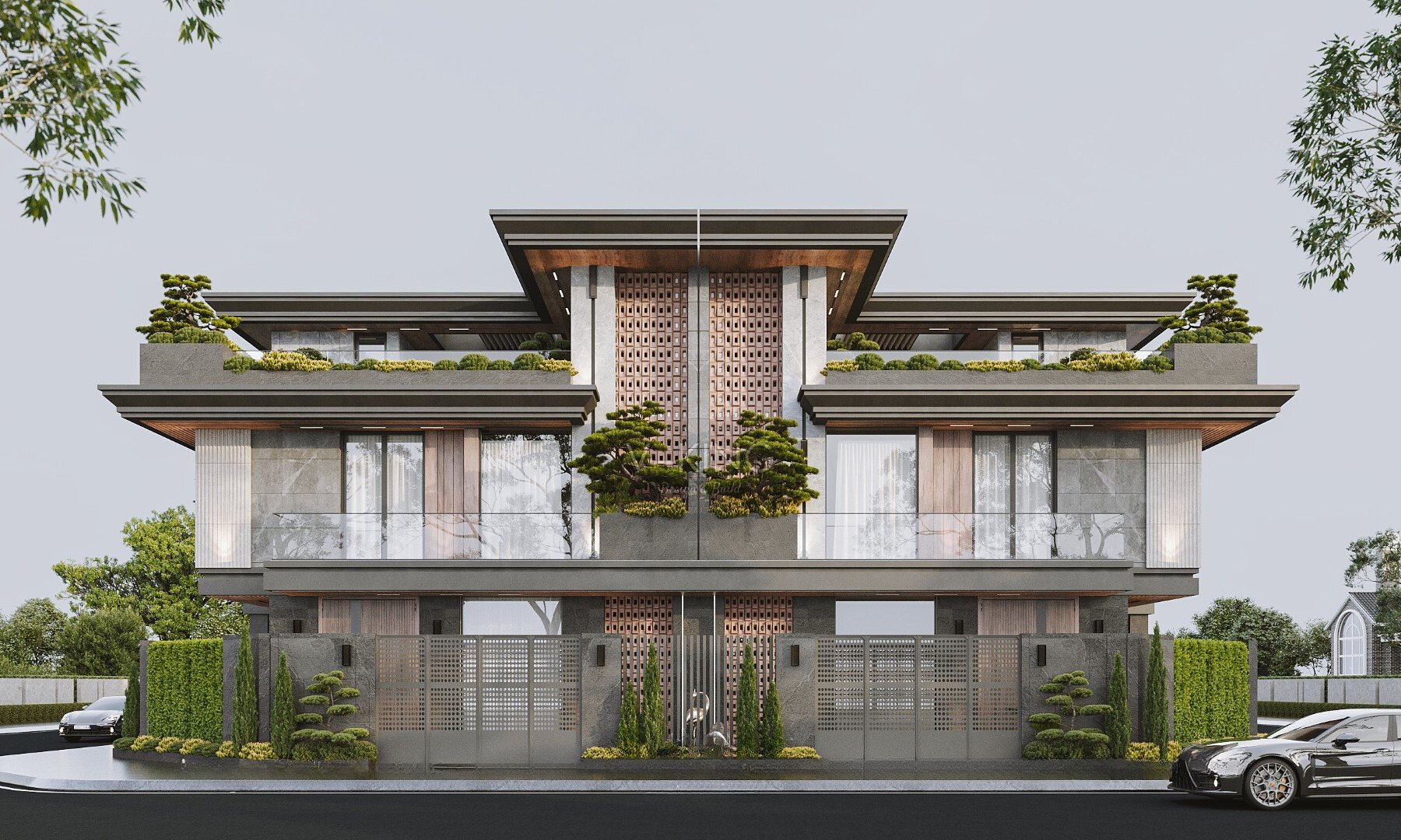 Biệt thự song lập hiện đại với gạch thông gió, cây xanh tầng cao và hình khối đối xứng, mang đến không gian sang trọng, thoáng sáng và chuẩn Tropical Modern.