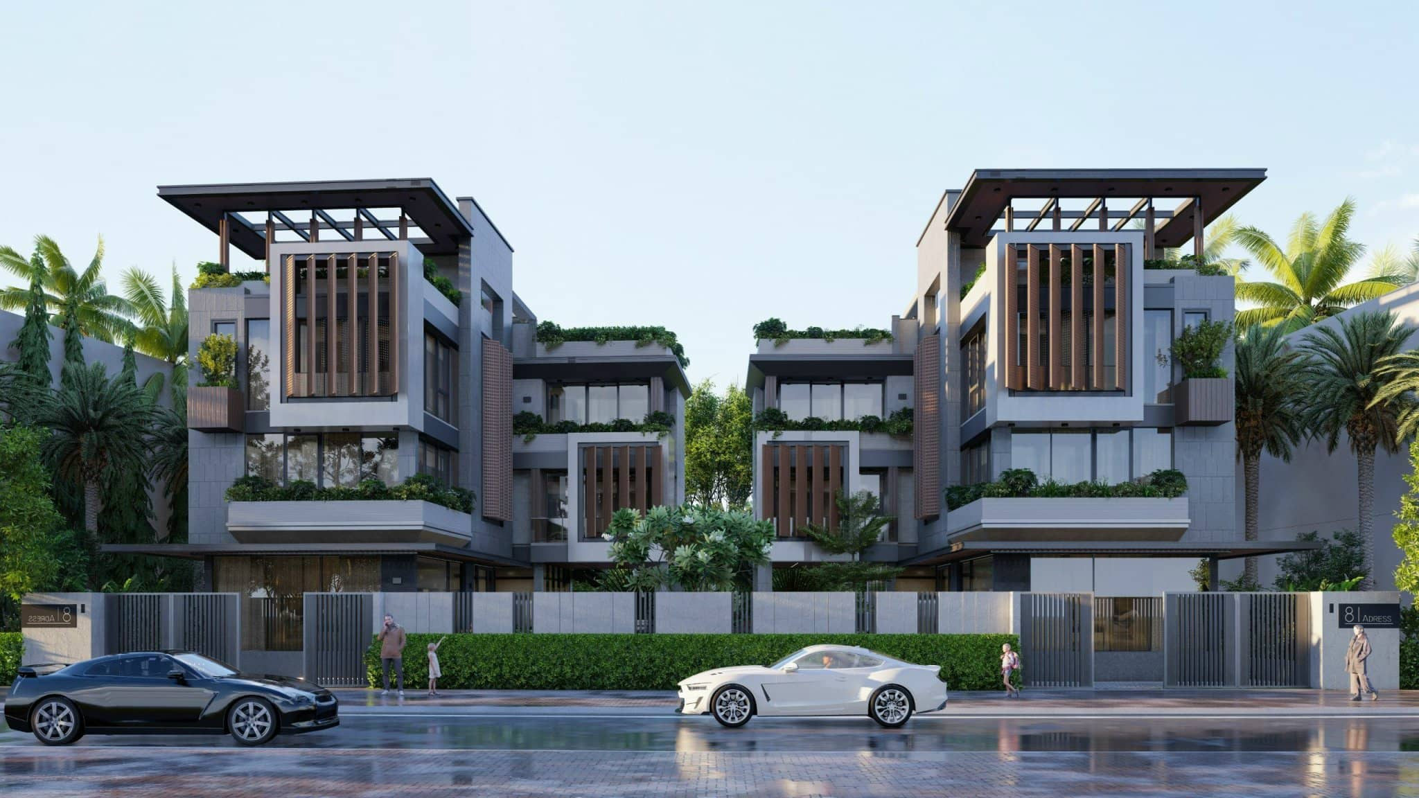 Biệt thự song lập hiện đại với sân vườn rộng, lam gỗ và mảng xanh nhiều tầng, mang lại không gian Tropical thoáng sáng và cảm giác thư giãn như resort.