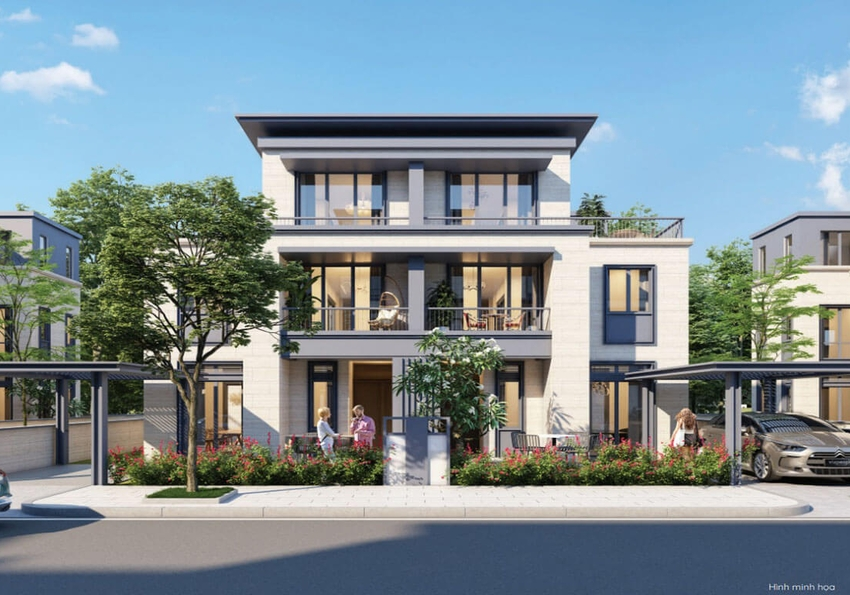 Biệt thự song lập ba tầng hiện đại với mặt đứng đá – kính, logia rộng và không gian mở, mang đến lối sống sang trọng, thoáng sáng cho gia đình đông thành viên.