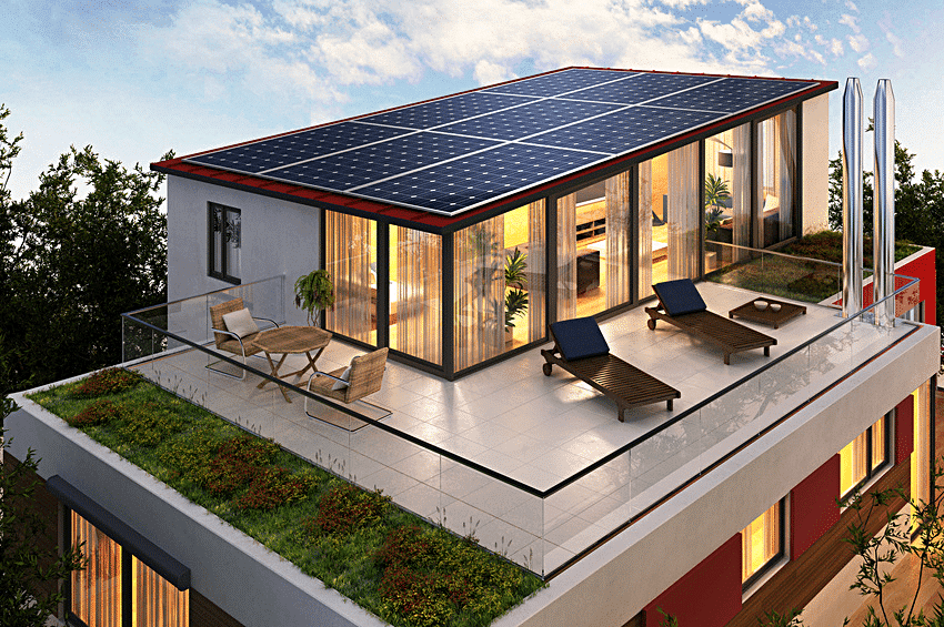 Contemporary tropical villa with rooftop solar panels and outdoor terrace, demonstrating 3A Signature’s approach to integrating clean energy systems into modern architecture for optimized energy use.