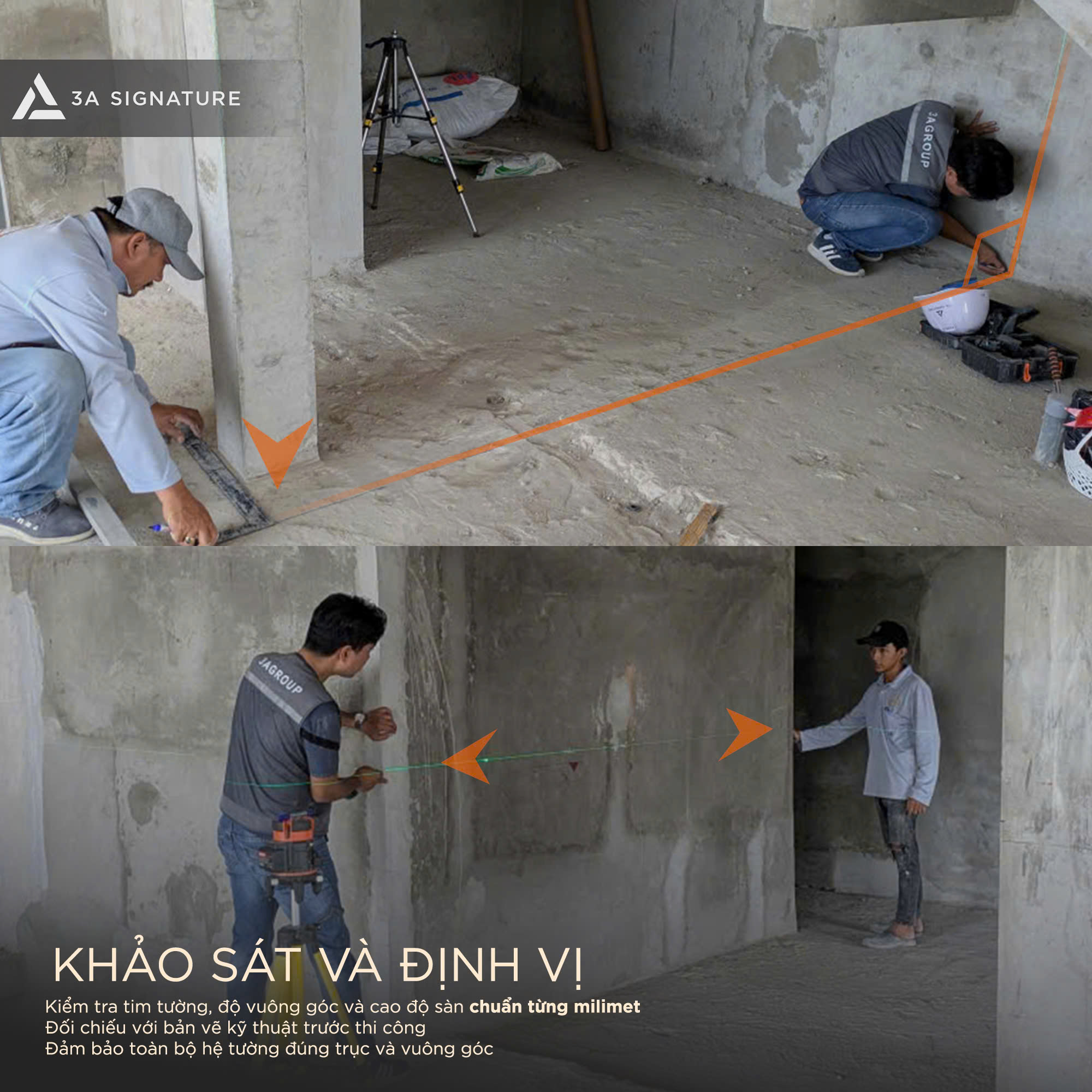 Xây tường chuẩn kỹ thuật bắt đầu bằng khảo sát, định vị tim tường và kiểm tra cao độ sàn nhằm đảm bảo hệ tường đúng trục, đúng kích thước theo bản vẽ.