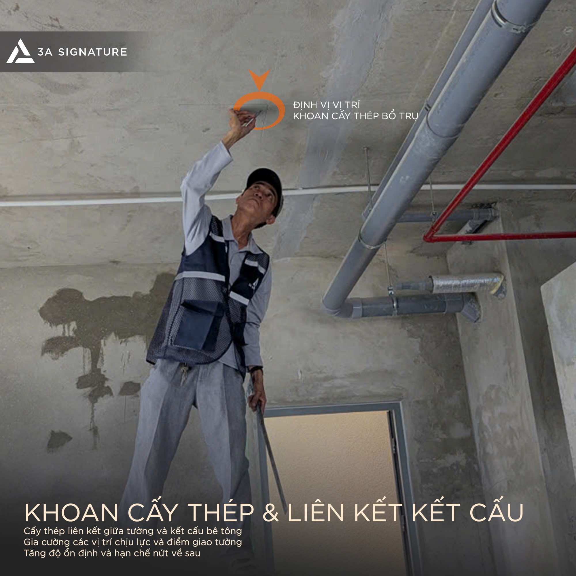 Khoan cấy thép và liên kết kết cấu là bước quan trọng giúp tường gạch bám chắc vào cột, dầm bê tông, giảm nguy cơ nứt và tăng độ bền công trình.