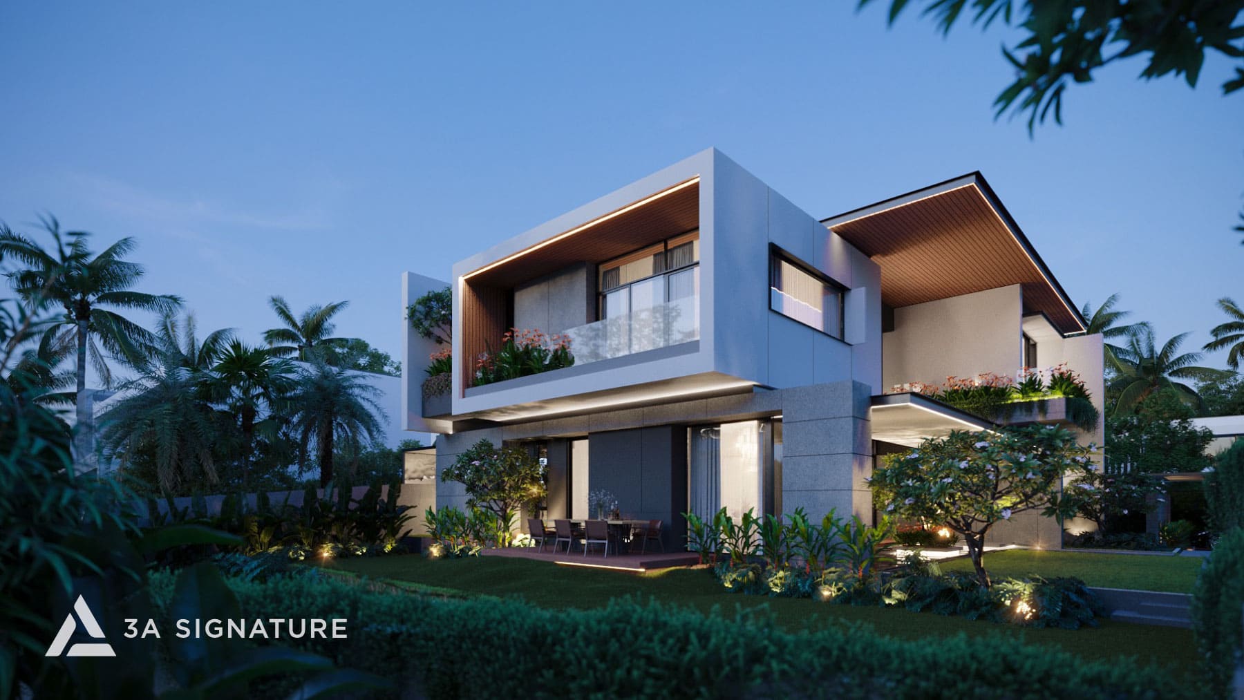Triết Lý Thiết Kế Green Villa về đêm – biệt thự Tropical Modern sau khởi công với không gian ấm cúng, ánh sáng tinh tế, thể hiện triết lý “xây là sống” của 3A Signature.