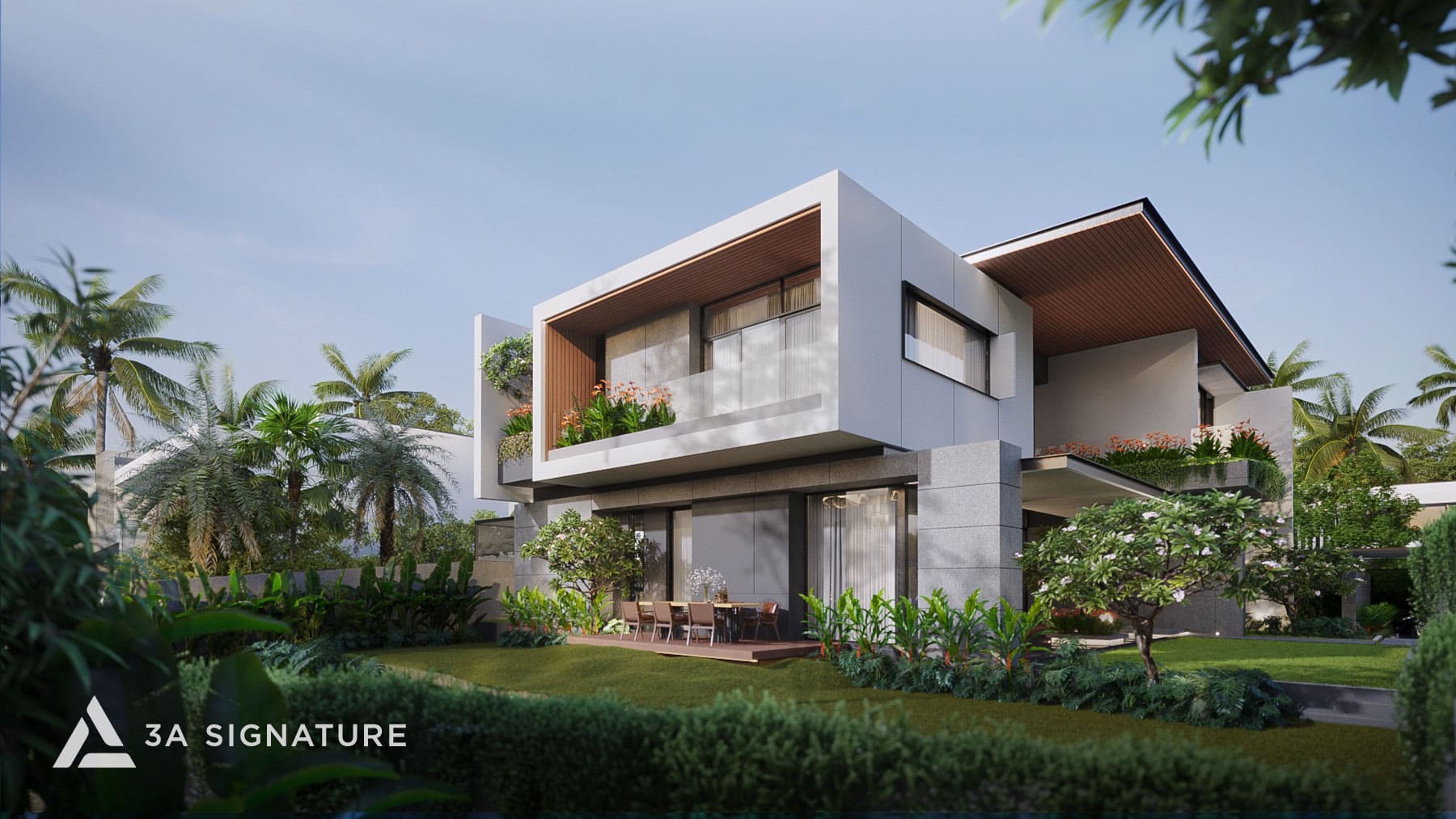 Triết Lý Thiết Kế Phối cảnh biệt thự Green Villa Tropical Modern – công trình vừa được khởi công tại Bình Phước với thiết kế hiện đại, sân vườn và không gian mở xanh mát.