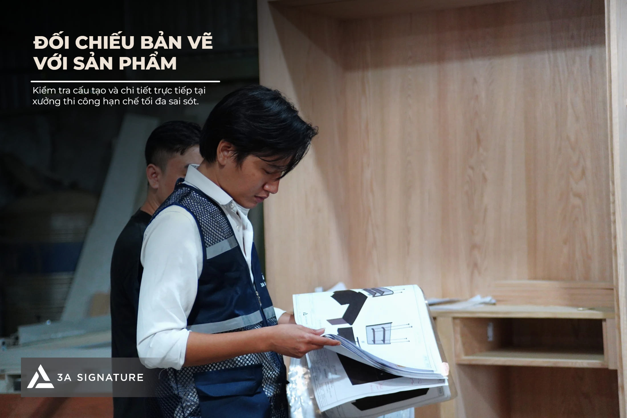 Kiểm Tra Thi Công Nội Thất Tại Xưởng: Kiểm Soát Từ Hồ Sơ Sản Xuất Đến Thành Phẩm Hình ảnh kiểm tra thi công nội thất tại xưởng, đối chiếu bản vẽ với sản phẩm thực tế nhằm hạn chế sai lệch khi lắp đặt.