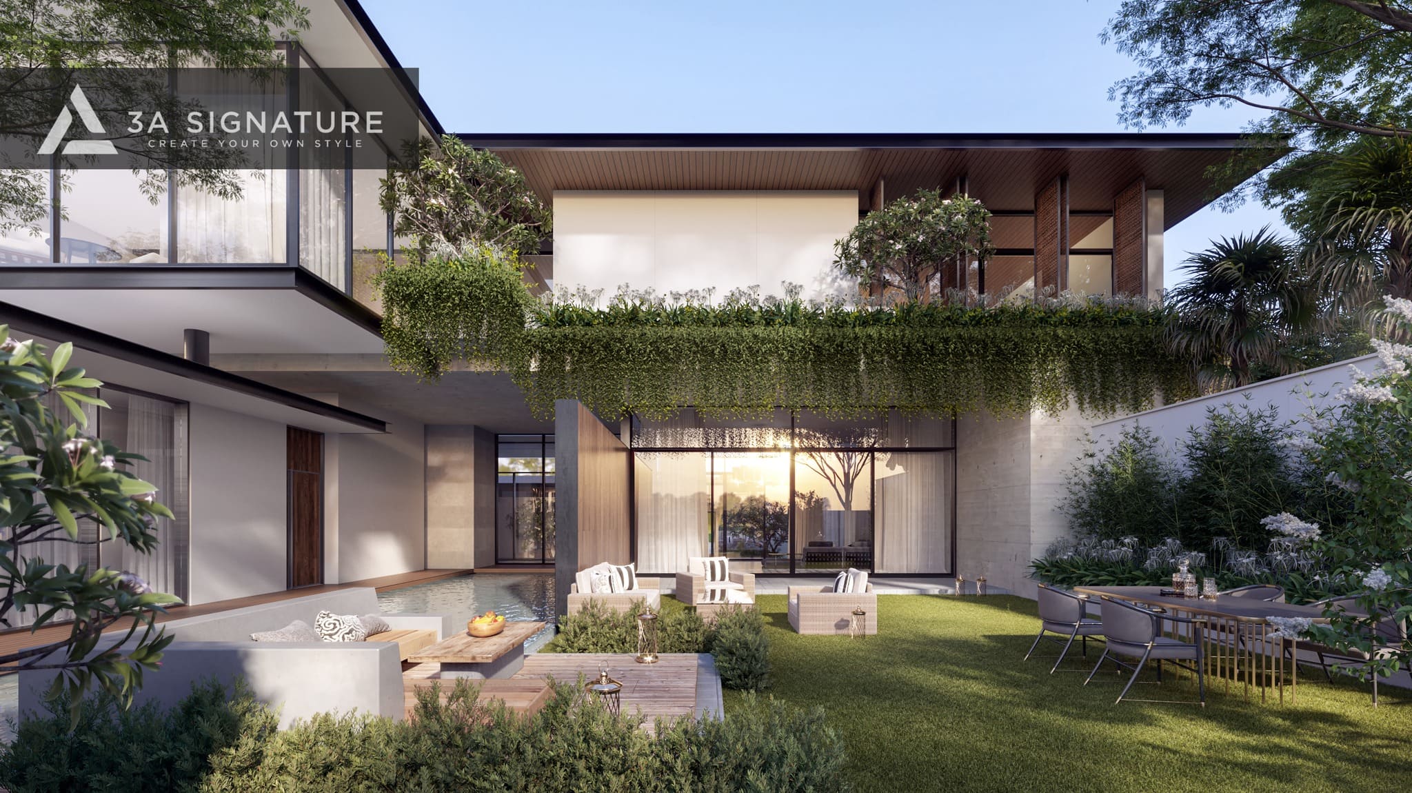 Giá Trị 3A Signature Mang Lại Cho Khách Hàng Qua Biệt Thự Modern Tropical Biệt thự Tropical Modern hai tầng với không gian mở, giàn dây leo rủ xanh mát, hồ nước và sân vườn, thể hiện triết lý sống cùng thiên nhiên của 3A Signature.