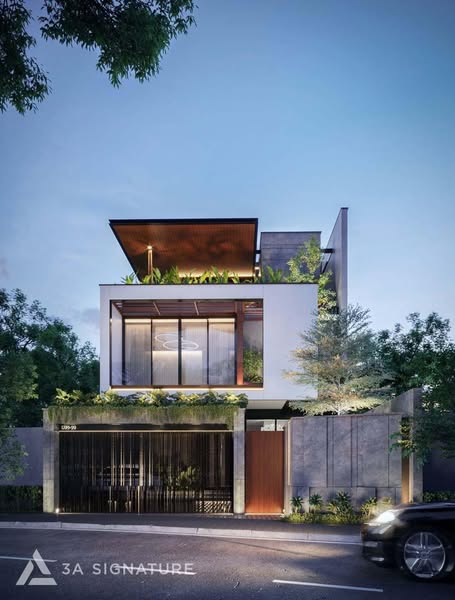 Phối cảnh biệt thự Tropical Modern H-Villa do 3A Signature thiết kế, với hình khối tối giản, cây xanh và không gian mở ba tầng.
