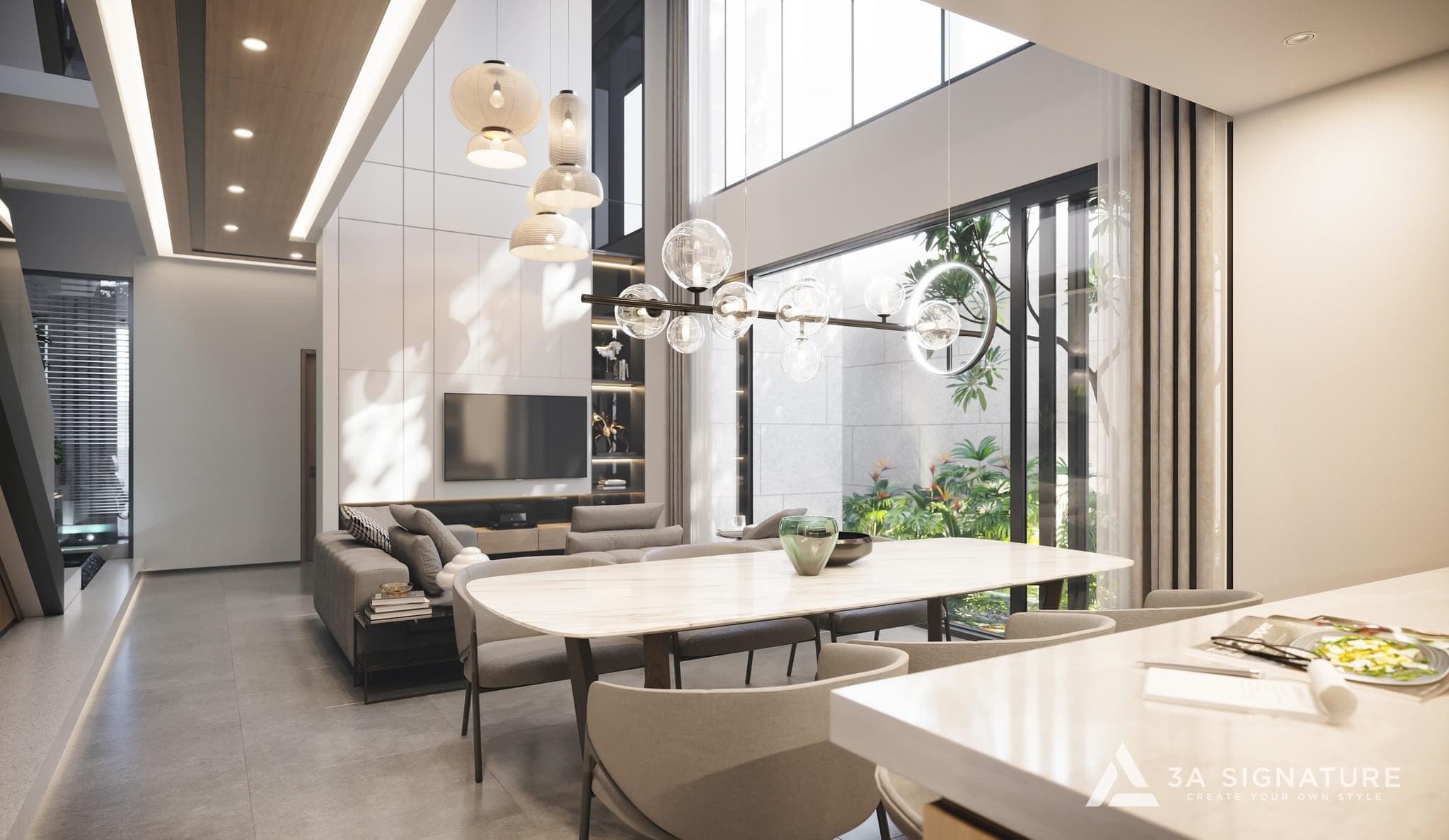Lựa Chọn Vật Liệu Cho H Villa - Định Hình Không Gian Sống Nội thất H Villa sau quá trình lựa chọn vật liệu: phòng khách liên thông bếp, sàn gạch lớn màu xám, bàn ăn đá, đèn treo nghệ thuật và không gian mở kết nối thiên nhiên.