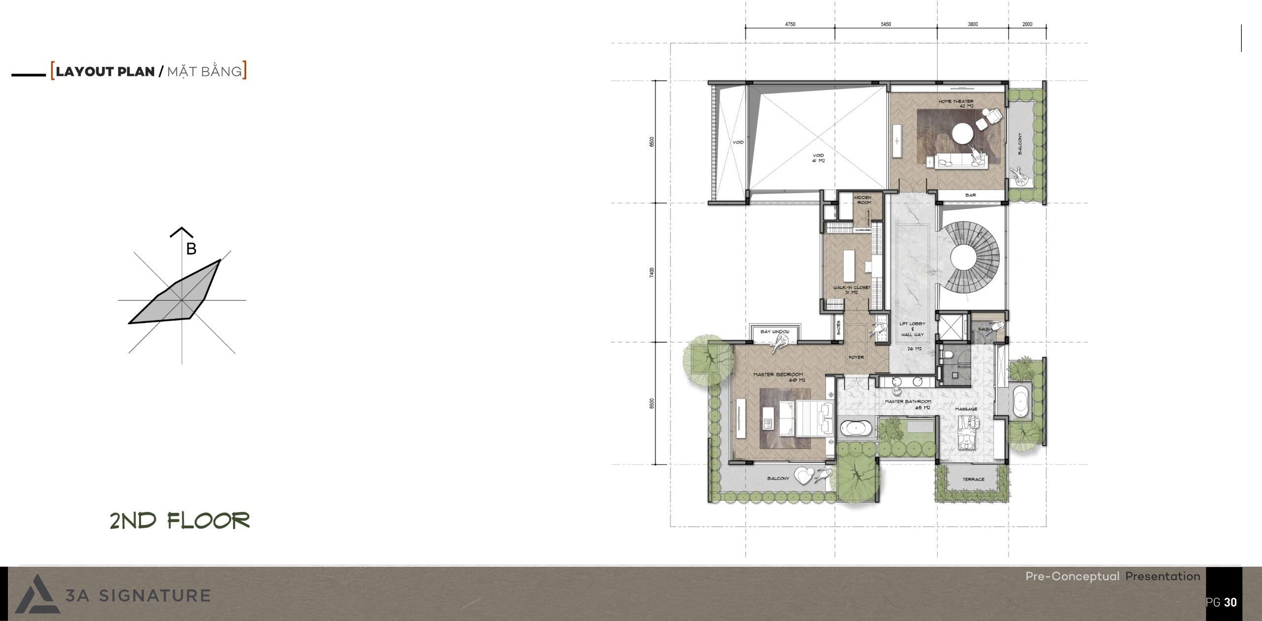 Tầm Quan Trọng Của Bản Vẽ Nhà Trong Thiết Kế & Thi Công Biệt Thự Bản vẽ nhà tầng 2 biệt thự 3A Signature với bố trí nội thất hiện đại, sân thượng và không gian xanh bao quanh – thể hiện sự kết nối giữa nghệ thuật và công năng trong thiết kế Modern Tropical.