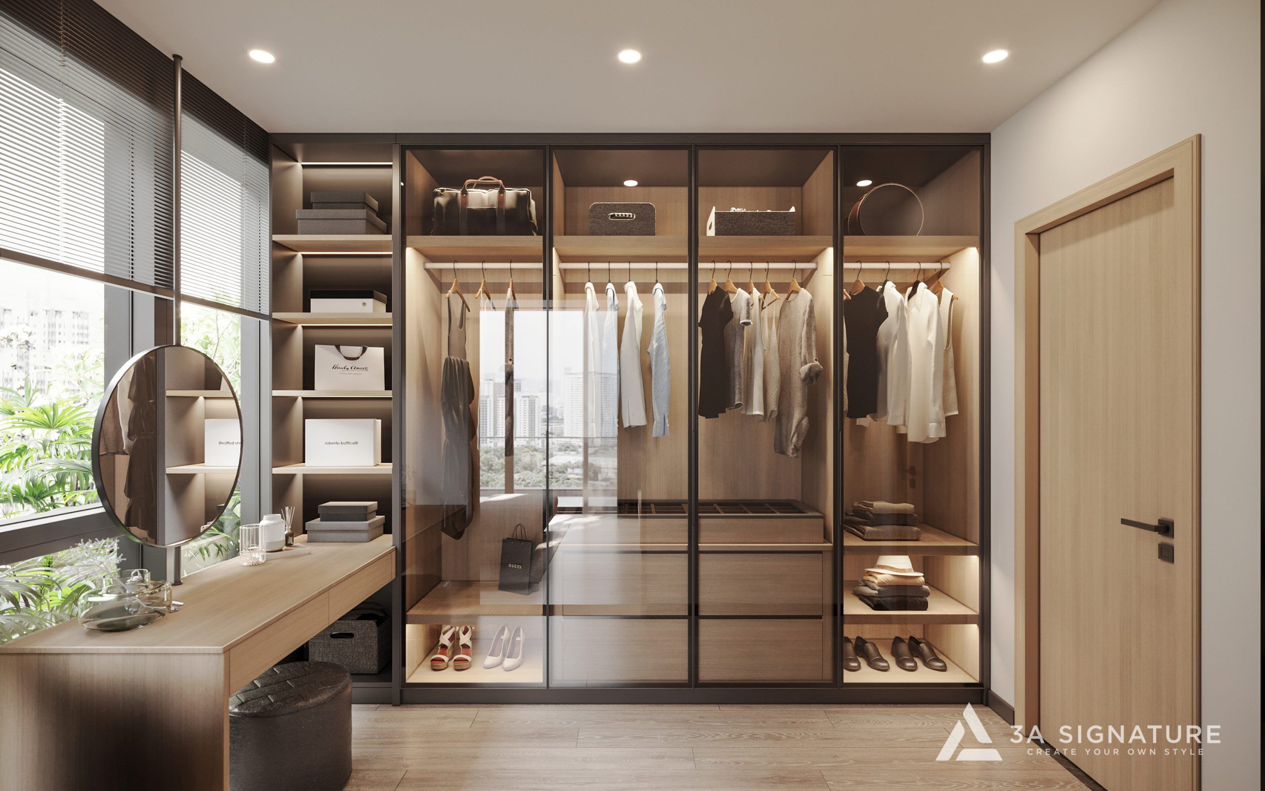 Thiết Kế Phòng Thay Đồ Đẹp: Cân Bằng Giữa Công Năng Và Thẩm Mỹ Phòng thay đồ đẹp với tủ kính sáng LED, bàn trang điểm gỗ và ánh sáng hài hòa, mang đến không gian sang trọng, thư giãn chuẩn biệt thự cao cấp.