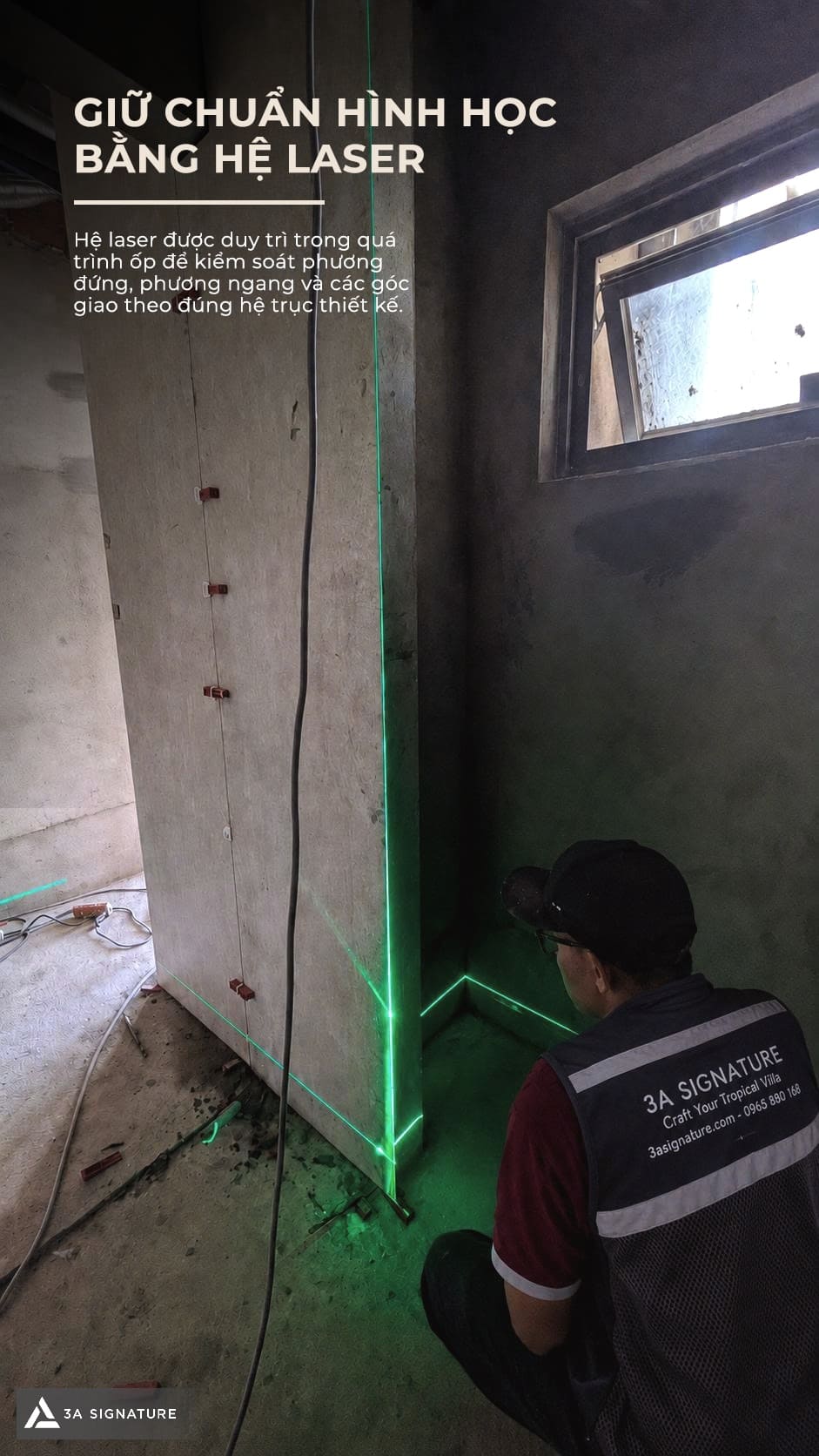 Hình ảnh ốp đá khổ lớn Legacy Penthouse với hệ laser kiểm soát trục đứng, trục ngang và hình học mảng ốp.