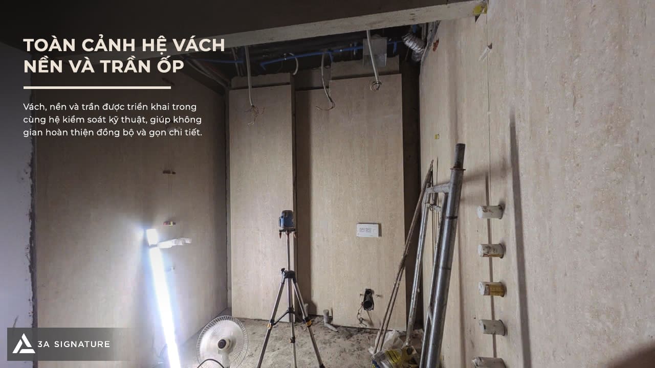 Hình ảnh ốp đá khổ lớn Legacy Penthouse với tổng thể vách, nền và trần ốp, thể hiện sự đồng bộ trong thi công.