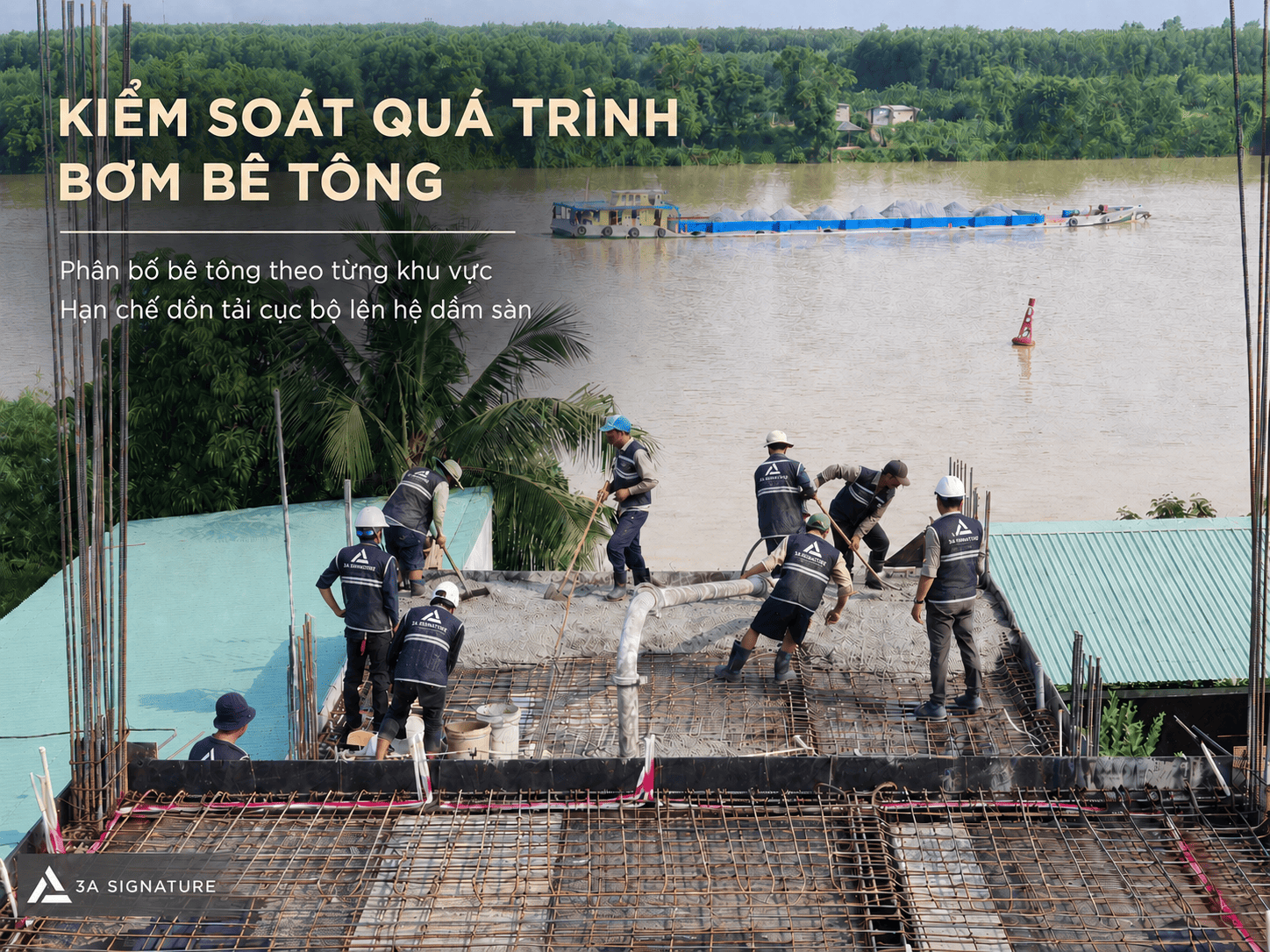 Hình ảnh xe bê tông phục vụ thi công bê tông dầm sàn tầng 2, phù hợp với bước kiểm tra bê tông đầu vào tại công trường.