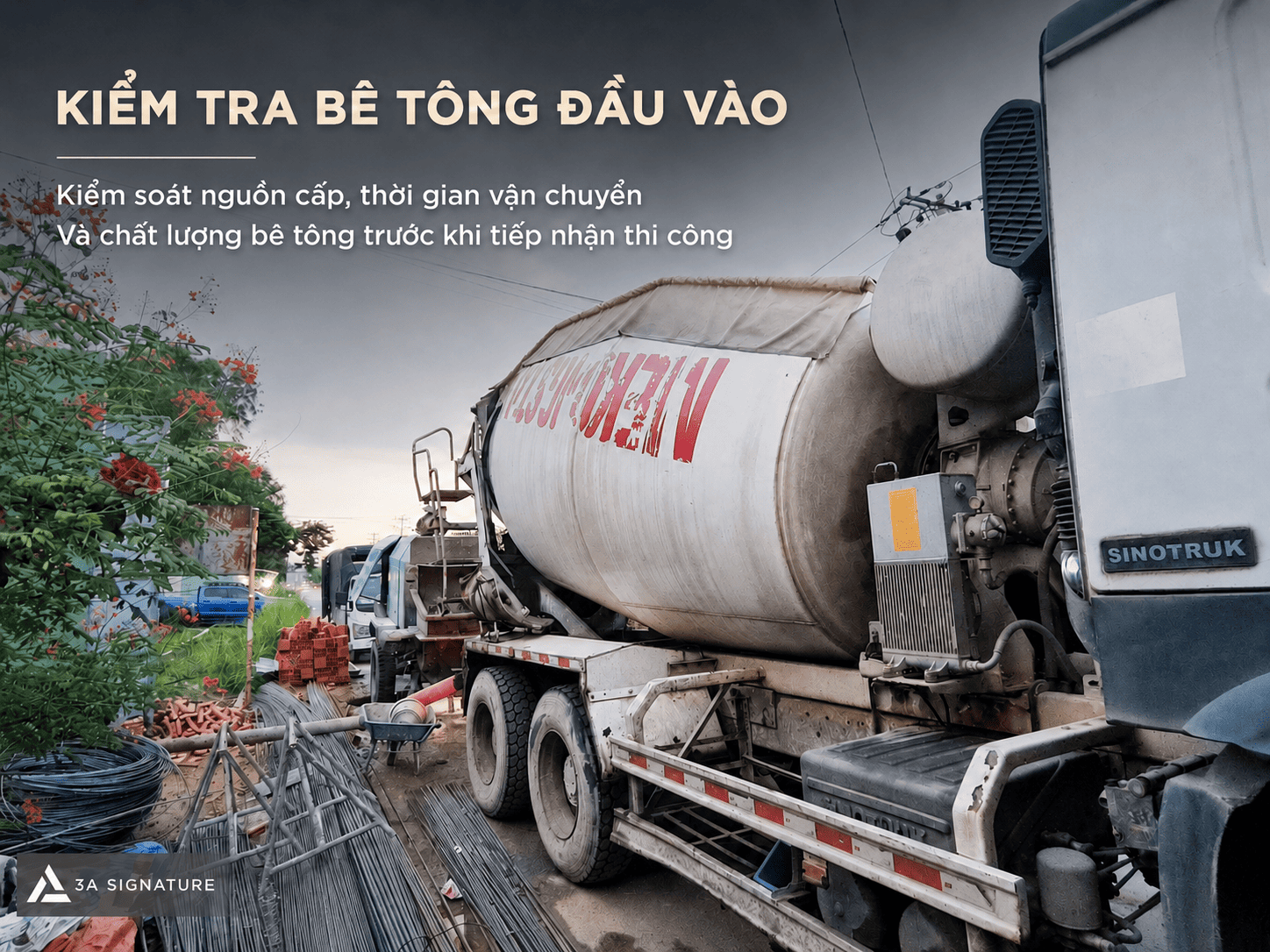 Hình ảnh xe bê tông phục vụ thi công bê tông dầm sàn tầng 2, phù hợp với bước kiểm tra bê tông đầu vào tại công trường.