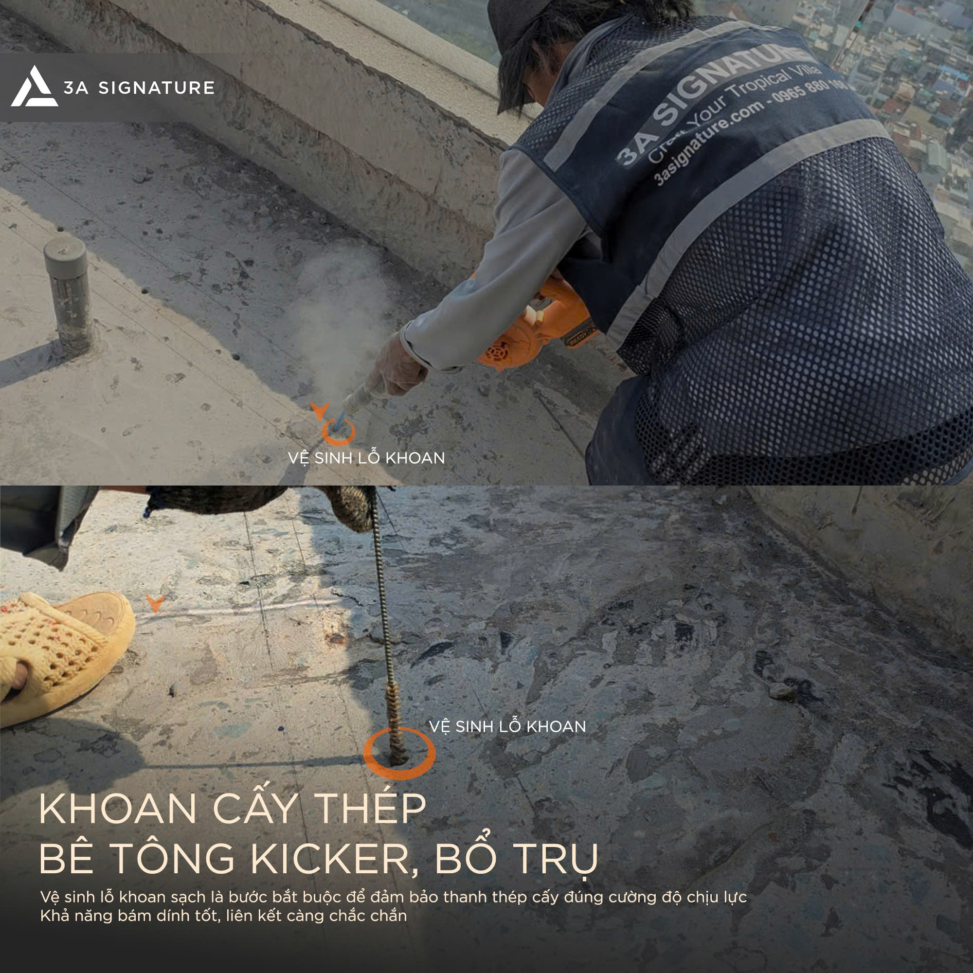 Xây tường chuẩn kỹ thuật yêu cầu vệ sinh lỗ khoan và đổ bê tông kicker chân tường để hạn chế thấm nước, tăng liên kết kết cấu và bảo vệ hệ tường lâu dài.