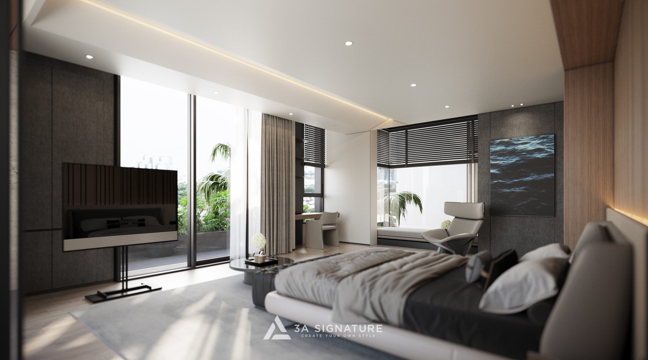 5 Cách Ứng Dụng Chiếu Sáng Thông Minh Biệt Thự Theo Nhịp Sinh Học Hệ thống chiếu sáng thông minh phòng ngủ mô phỏng ánh sáng mặt trời, hỗ trợ giấc ngủ và nhịp sinh học tự nhiên tại biệt thự 3A Signature.