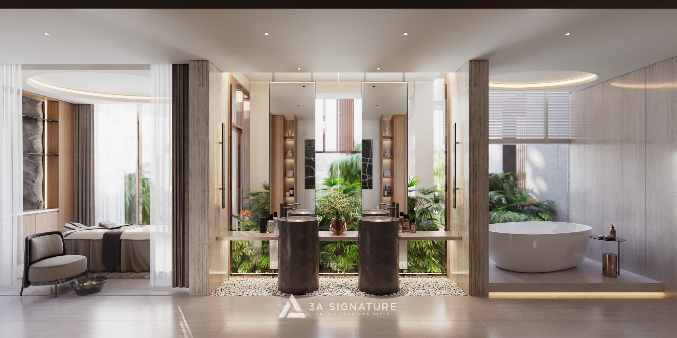 Phòng tắm Master Diamond Villa kết hợp bồn tắm độc lập, lavabo đôi, ánh sáng và mảng xanh cho trải nghiệm thư giãn tại gia.