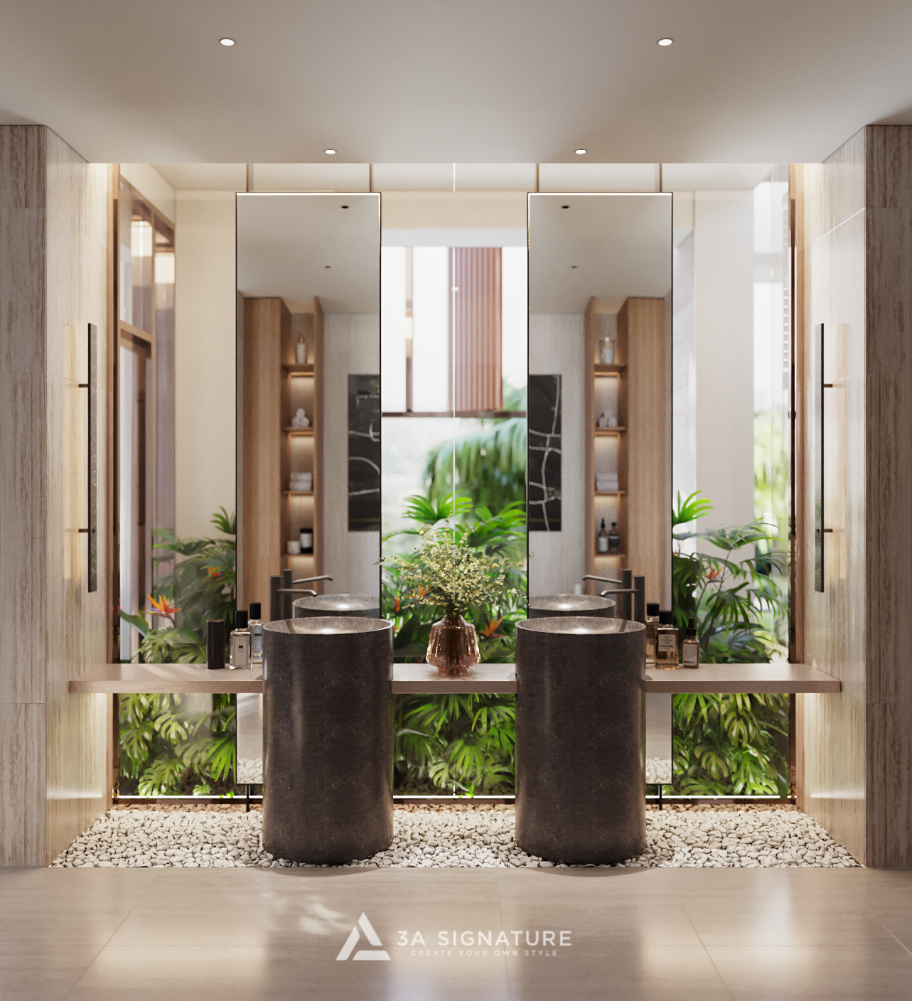 Bố Trí Nội Thất Phòng Tắm Chuẩn Kiến Trúc Sư - Đẹp Và Đúng Công Năng Không gian nội thất phòng tắm sang trọng với đôi lavabo dáng trụ, gương lớn, ánh sáng mềm và cây xanh, tạo điểm nhấn tinh tế theo phong cách Tropical Modern.