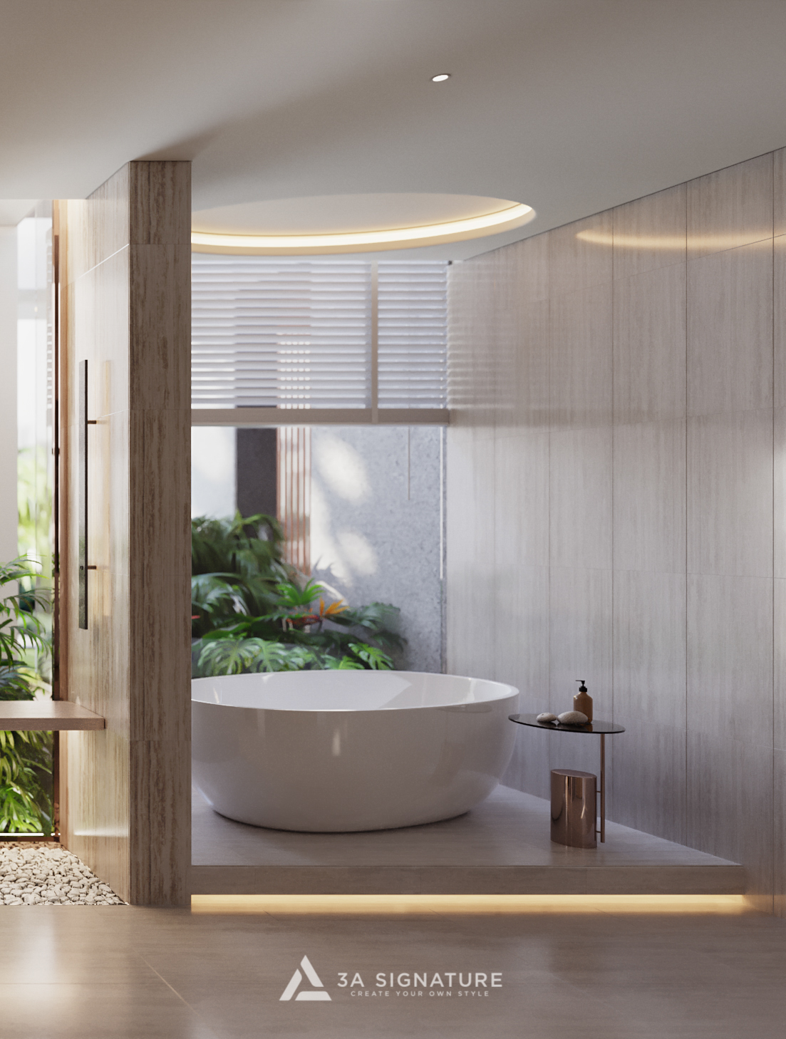 Bố Trí Nội Thất Phòng Tắm Chuẩn Kiến Trúc Sư - Đẹp Và Đúng Công Năng Bồn tắm đặt cạnh cửa sổ lớn trong nội thất phòng tắm hiện đại, hòa cùng ánh sáng tự nhiên và cây xanh, mang đến trải nghiệm thư thái chuẩn biệt thự Tropical Modern.