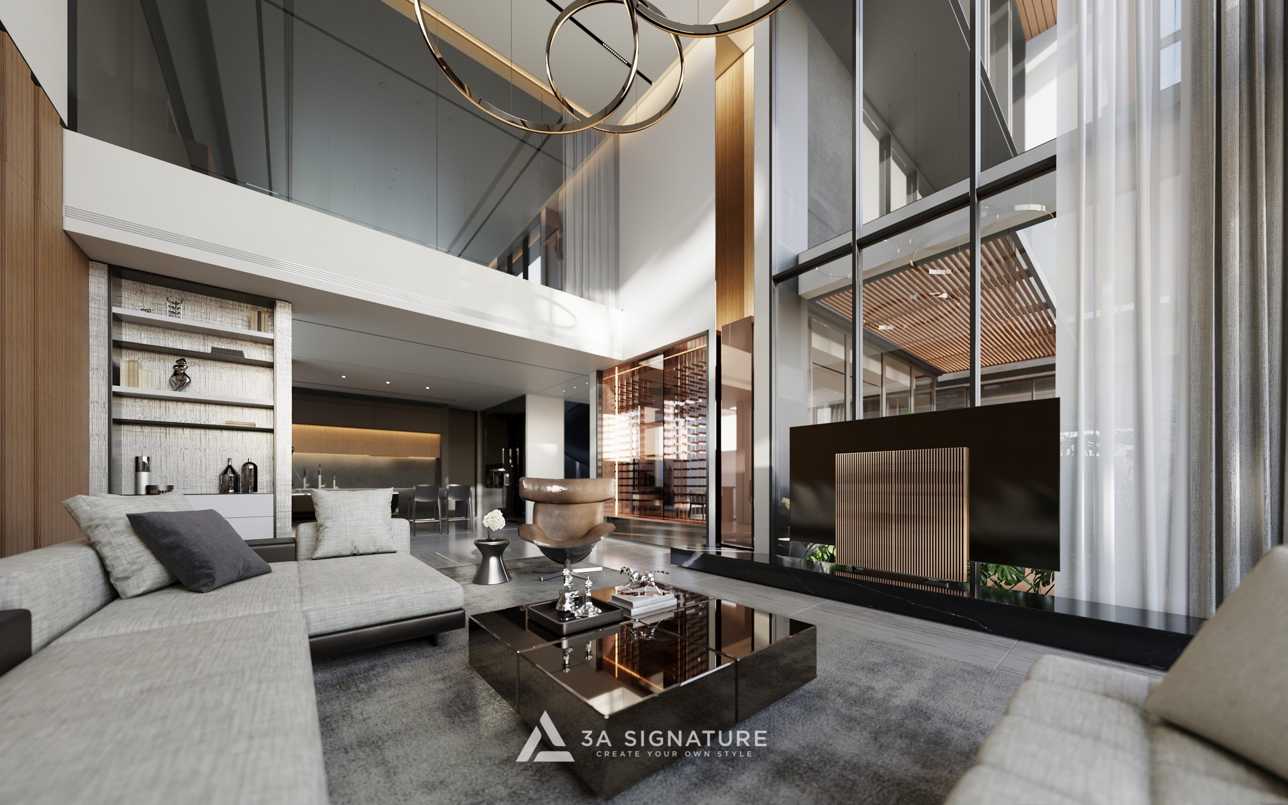 Không gian phòng khách biệt thự Modern Tropical với trần cao thông tầng, mảng kính lớn đón sáng tự nhiên, nội thất hiện đại và hành lang kết nối mạch lạc giữa các khu vực. Thiết kế thể hiện triết lý “luồng giao thông là bản nhạc của sự hài hòa” trong kiến trúc 3A Signature.