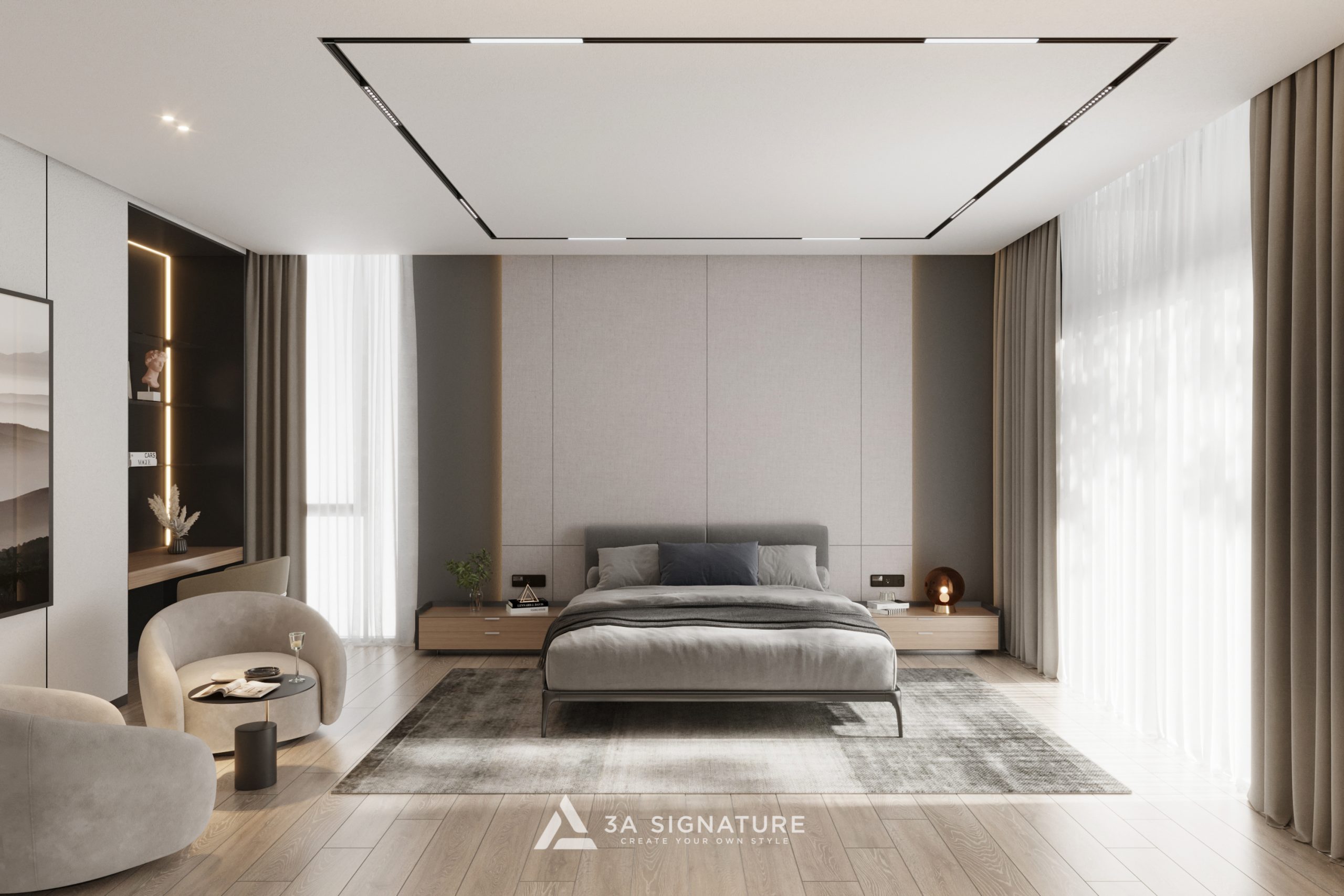 Nghệ Thuật Thiết Kế Vách Đầu Giường Cho Biệt Thự Modern Tropical Không gian phòng ngủ ấm cúng với vách đầu giường màu trung tính, ánh sáng dịu nhẹ lan tỏa, thể hiện phong cách tinh tế và cân bằng của 3A Signature.