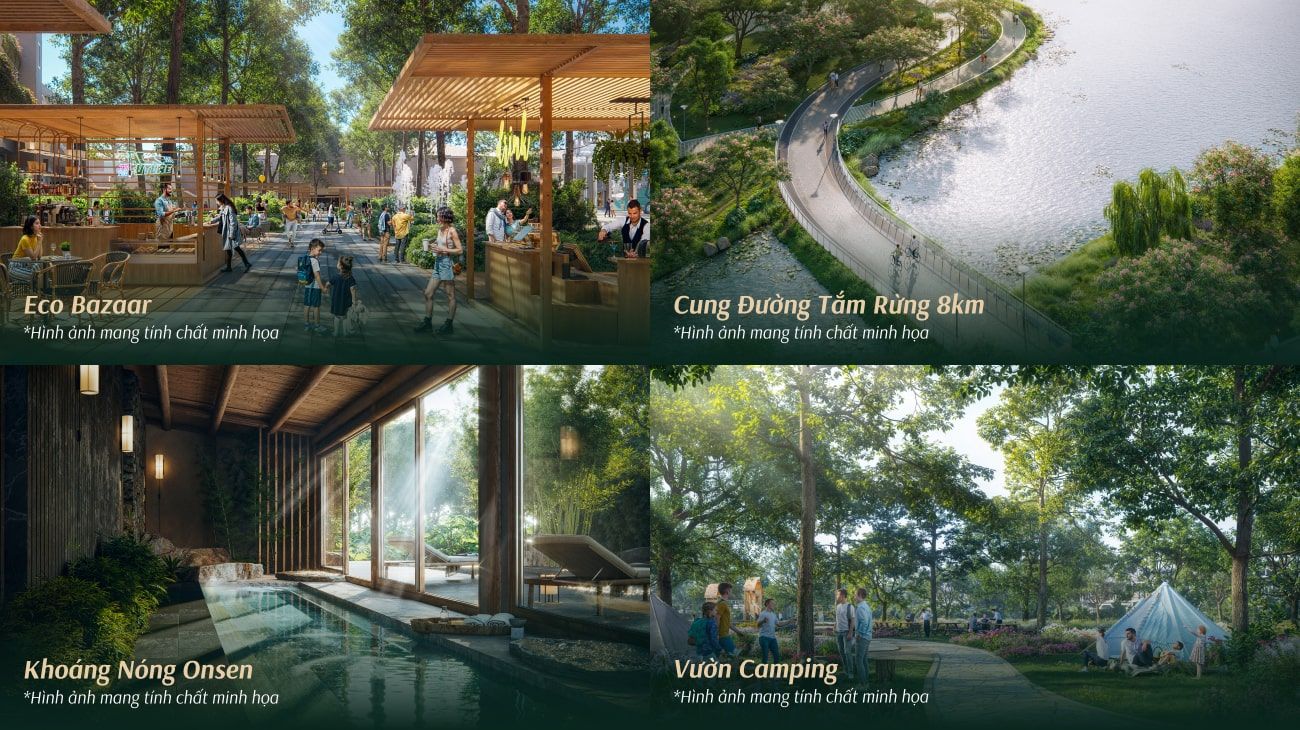 Eco Retreat Long An: Thiên Đường An Yên Giữa Lòng Miền Tây Hệ thống tiện ích tại Eco Retreat Long An gồm chợ phiên sinh thái, cung đường tắm rừng, khu onsen khoáng nóng và vườn camping giữa rừng cây xanh.