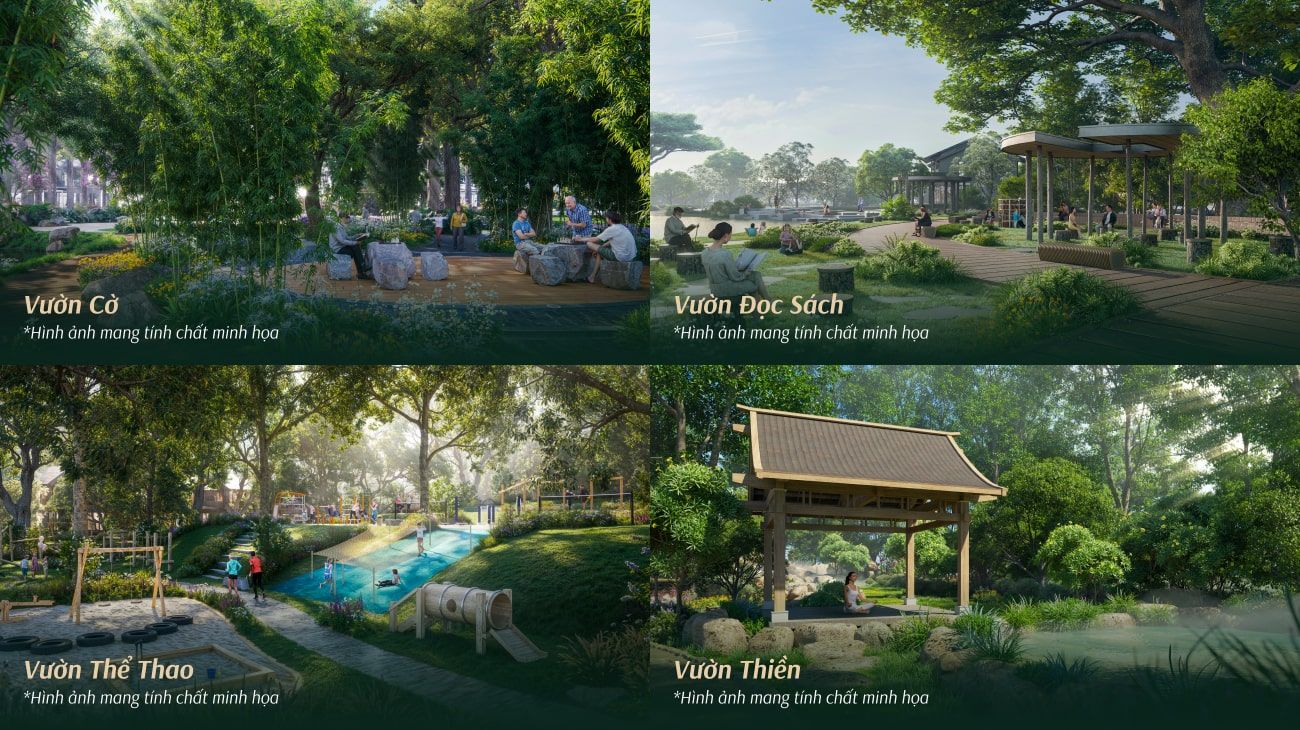 Khu tiện ích kết nối gia đình tại Eco Retreat Long An gồm vườn cờ, vườn đọc sách, vườn thể thao và vườn thiền giữa thiên nhiên tĩnh tại.