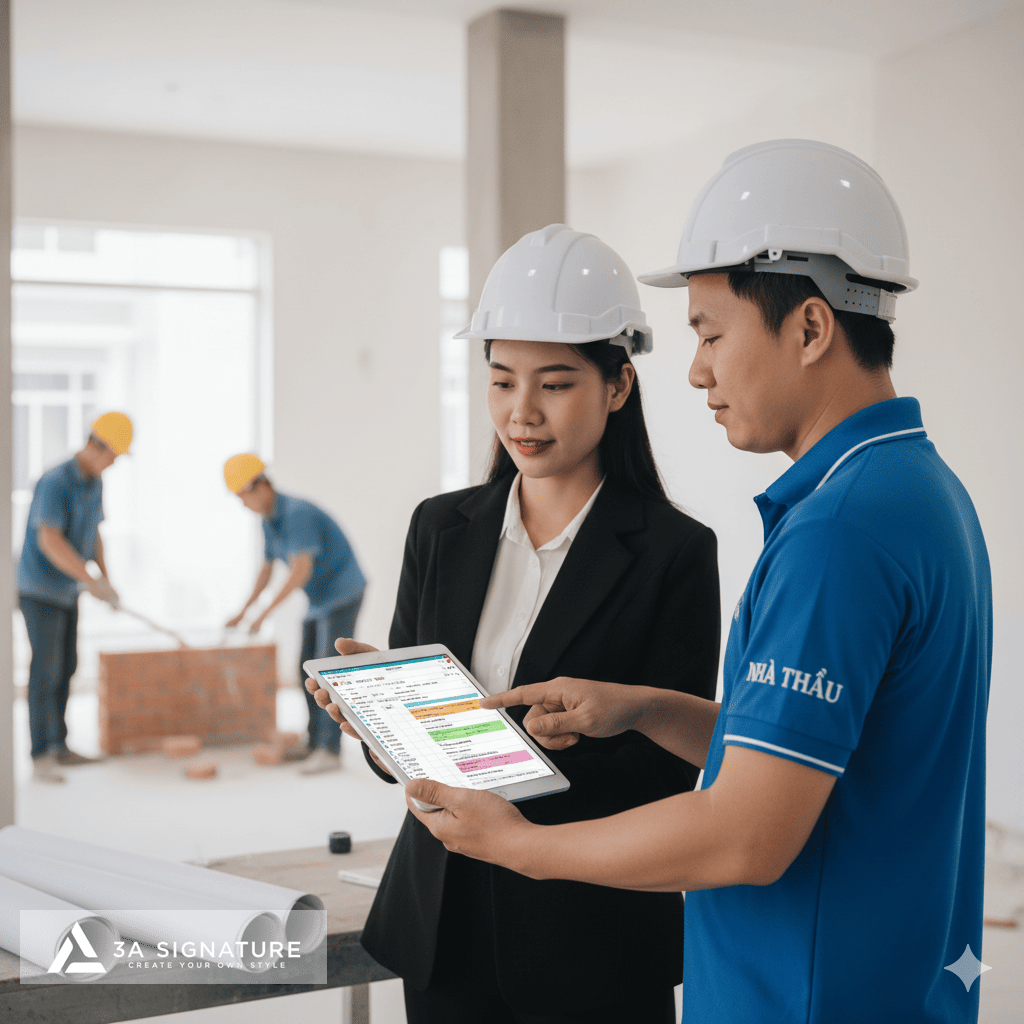 5 Cách Kiểm Soát Chi Phí Xây Dựng Biệt Thự Hiệu Quả, Tránh Đội Vốn Nhà thầu và gia chủ đội mũ bảo hộ đang xem kế hoạch thi công trên máy tính bảng trong công trình đang xây dựng, thể hiện giải pháp dành ngân sách dự phòng để kiểm soát chi phí xây dựng và xử lý phát sinh.