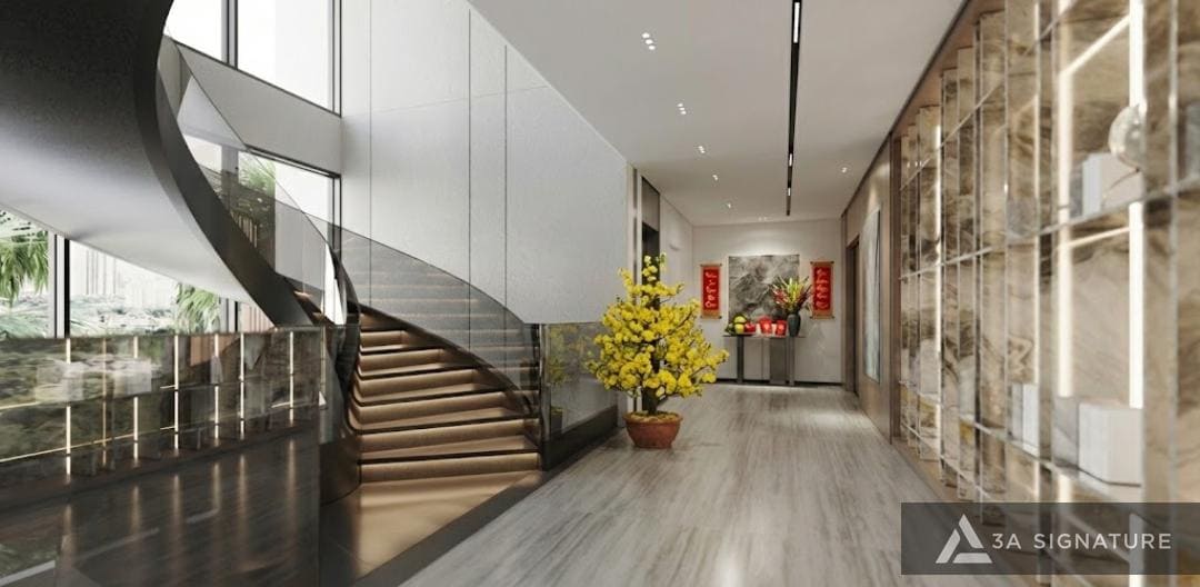 y-tuong-trang-tri-Tet-cho-hanh-lang-biet-thu-voi-hoa-vang-anh-sang-gian-tiep-va-khong-gian-chuyen-tiep-tinh-te-sang-trong