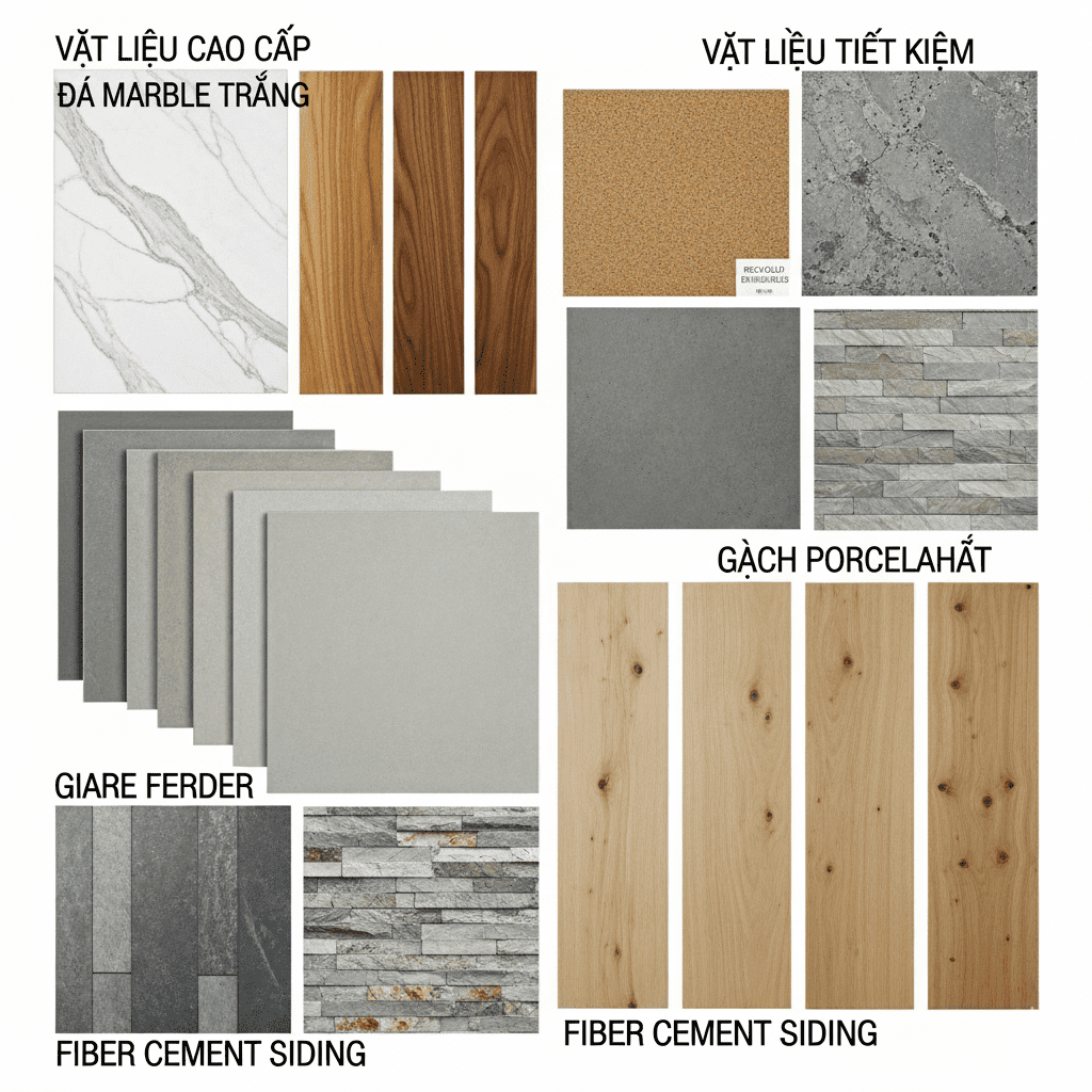 5 Cách Kiểm Soát Chi Phí Xây Dựng Biệt Thự Hiệu Quả, Tránh Đội Vốn Bảng so sánh các loại vật liệu xây dựng như đá marble, gạch porcelain, fiber cement siding và vật liệu tiết kiệm, minh họa cách lựa chọn vật liệu hợp lý để kiểm soát chi phí xây dựng hiệu quả.