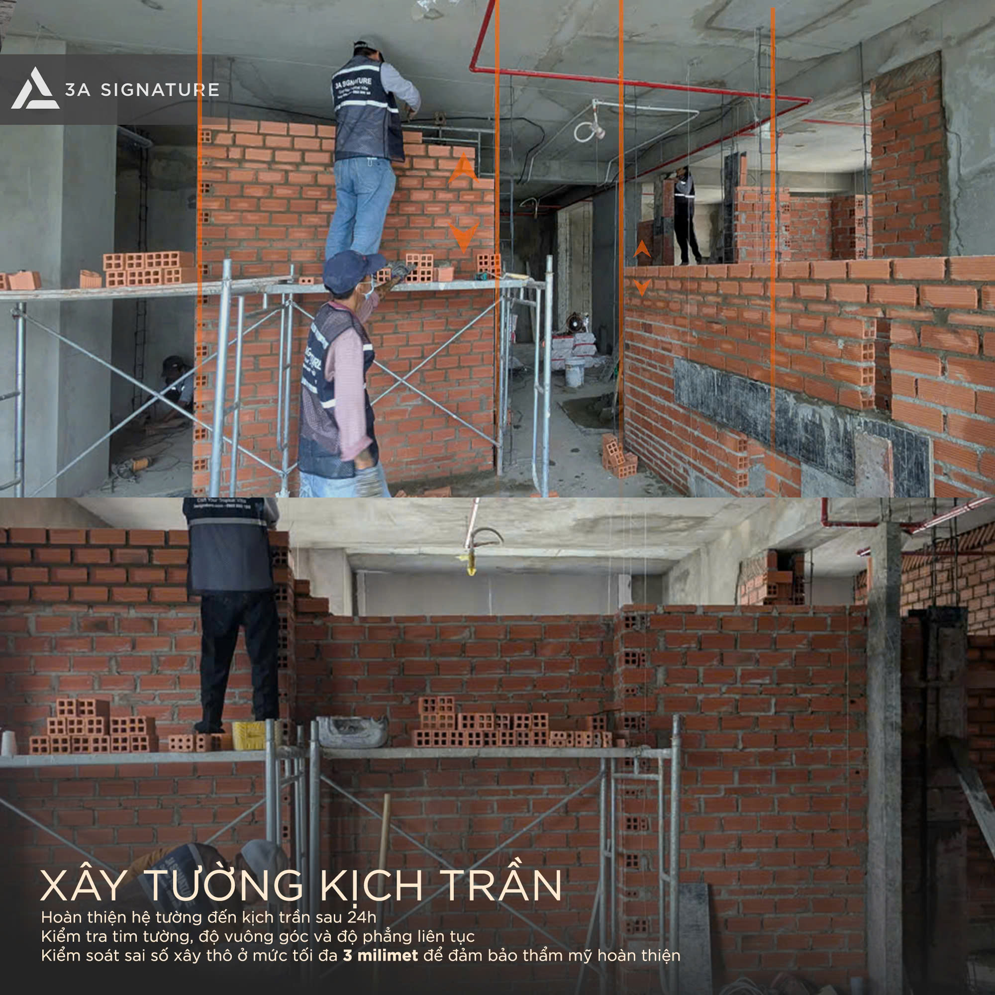 Thi công tường gạch đúng kỹ thuật giúp hệ tường đạt độ thẳng, độ phẳng và độ ổn định cao, hạn chế lún mạch vữa và đảm bảo chất lượng hoàn thiện Penthouse.