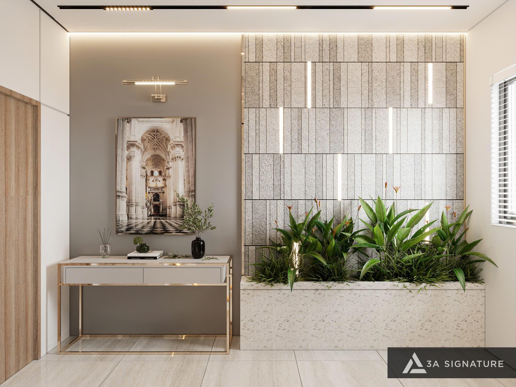 Sảnh Chính Biệt Thự - Nút Giao Không Gian Kết Nối Mọi Trải Nghiệm Sống sanh-chinh-biet-thu-hien-dai-voi-ban-console-tranh-nghe-thuat-va-mang-cay-xanh-tao-diem-dung-thi-giac-mang-lai-chieu-sau-tham-my-cho-khong-gian-song